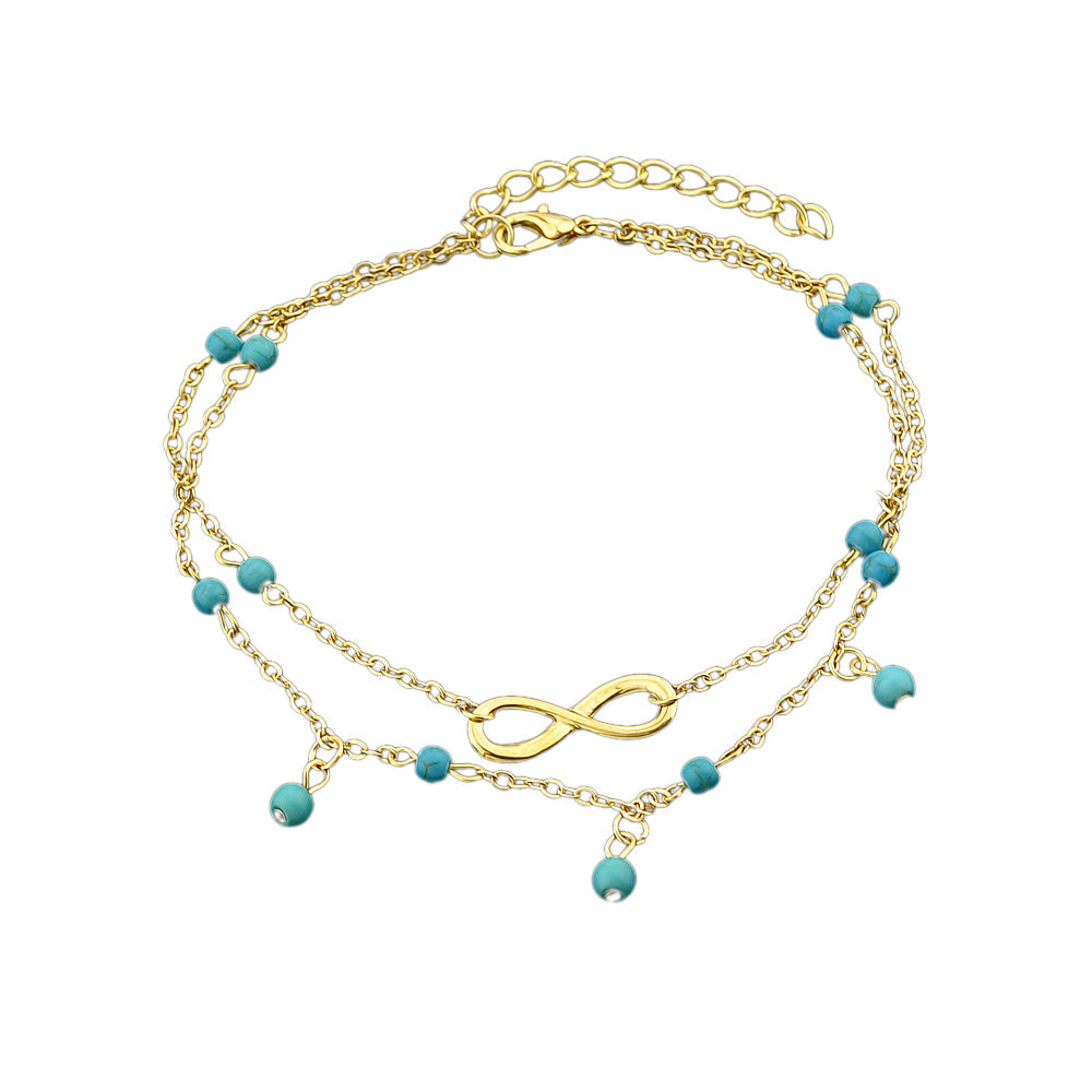 1 pièce Chaîne de cheville double couche Turquoise Infinity Bijoux de plage pieds nus