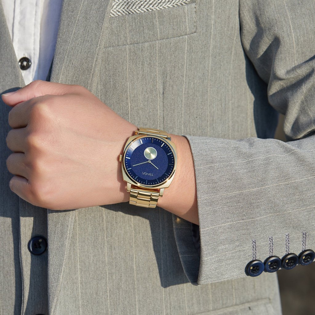 Montre homme Trnda en acier inoxydable doré, cadran bleu | Tr45gdb